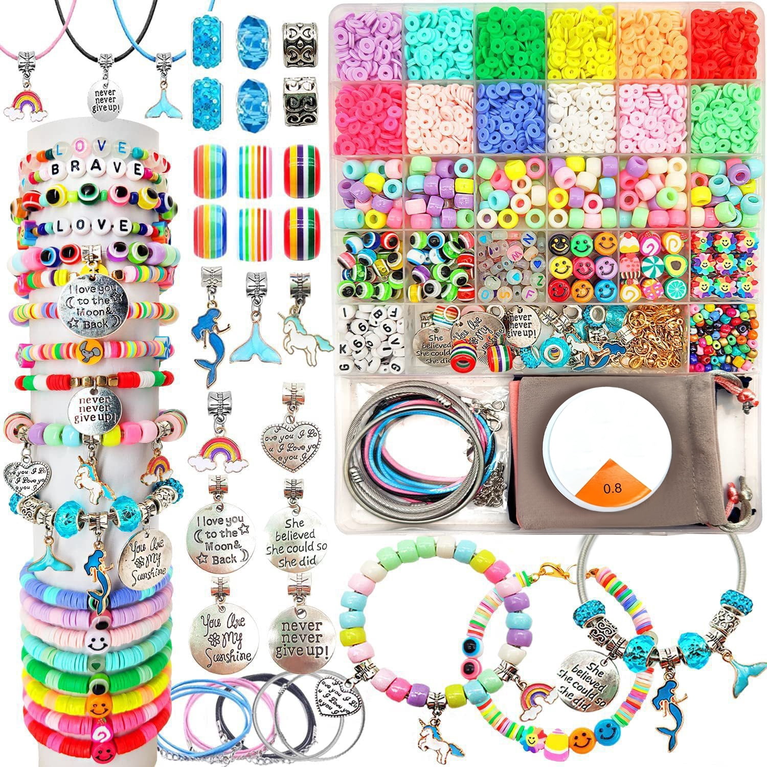 Bracelet making kit with unicorn, mermaid, letter and rainbow beads, plus DIY jewelry making tutorial. Complete charm bracelet set, creative birthday and Halloween gift with manual-like instructions.