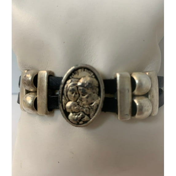 Bracelet of The Holy Family handmade jewelry with Double Leather Straps by Graciela's Collection