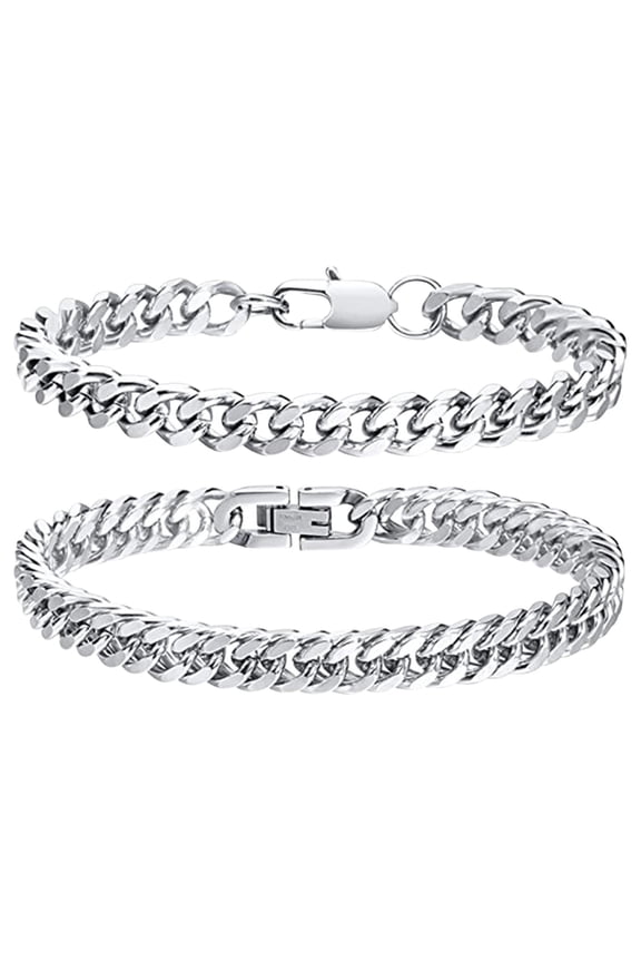 Bracelets 2 2PCS Mens Bracelets Curb Chain Bracelet Silver Hand Chains Stainless Steel Hop Rapper Unisex Jewelry 2PCS, 7.5 mm, Silver