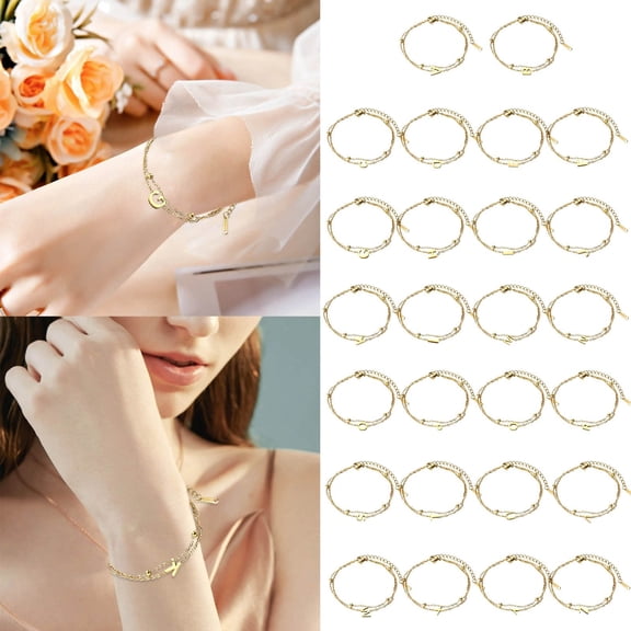 Bracelets Fashion Double Chain Stacking 26 Letters Gold Stainless Steel Bracelet Initials Jewelry for Women Girls, 17-22 cm, Gold N