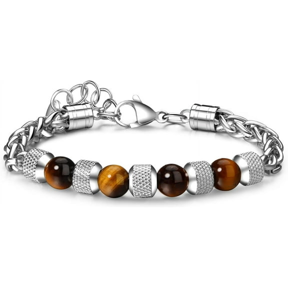Bracelets for Men Stainless Steel Bracelet for Men 8MM Tiger Eye Bracelet Handmade Natural Stone Beaded Bracelet Adjustable Silver Cuban Link Chain Bracelet Jewelry Gift for Men Boys