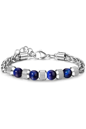 Bracelets for Men Stainless Steel Bracelet for Men 8MM Tiger Eye Bracelet Handmade Natural Stone Beaded Bracelet Adjustable Silver Cuban Link Chain Bracelet Jewelry Gift for Men Boys