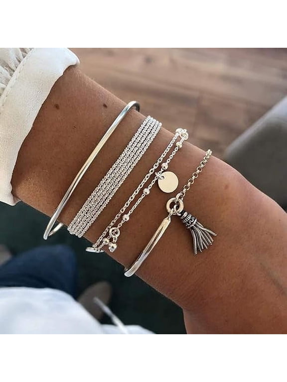 Bracelets Set for Women Sequins Tassel Multiple Bracelet Assorted Stackable Bracelets (5-Silver)