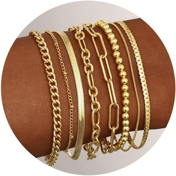 Bracelets for Women, Gold Plated Jewelry Sets for Women Trendy Thin Dainty Stackable Cuban Link Paperclip Chain Bracelet Pack Fashion Accessories Gifts(Gold color)