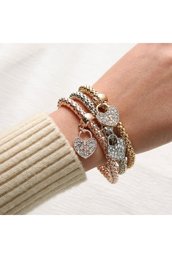 Bracelets for Women, Elegant Heart Shaped Stretch Bracelet, 3PCS Gold Silver Rose Corn Chain Set Alloy Jewelry Gift