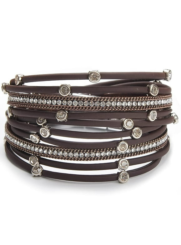 Bracelets for Women Leather Wrap Bracelet Stud Beads Crystal Cuff Bracelets Jewelry for Ladies Girls Birthday Gifts for Girlfriend