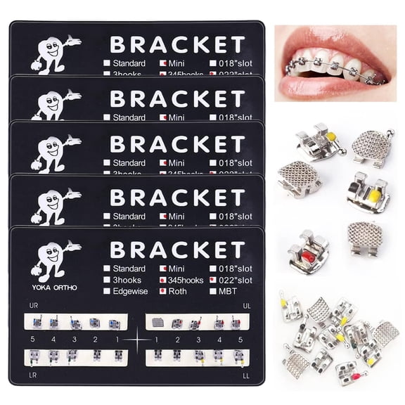 Braces, 5 sets of 100 mini 022 slot 345 hook, adhesive, compatible, unisex, indoor use, dental health theme, wall-mounted, frameless, stainless steel, 9 grams