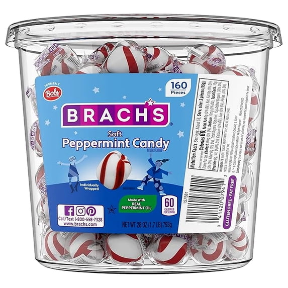 Brach's Bobs Sweet Stripes Soft Peppermint Candy, 160 Individually-Wrapped Pieces, 28 ounce jar