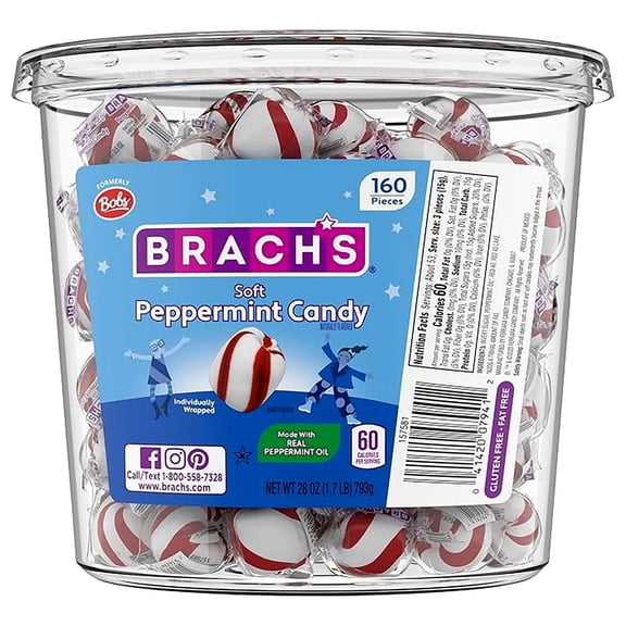 Brach's Bobs Sweet Stripes Soft Peppermint Candy, 160 Individually-Wrapped Pieces, 28 ounce jar