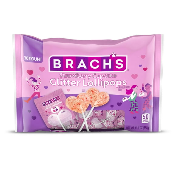 BrachS Strawberry Cupcake Glitter Lollipops, Valentines Day Candy, Individually Wrapped, 30 Count Packaging May Vary