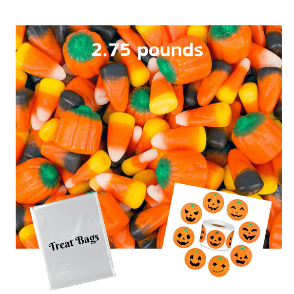 Brach’s Assorted Flavors Fall Candy Mix, 2.75 bulk Halloween candy with 20 clear treat bags and 20 pumpkin stickers