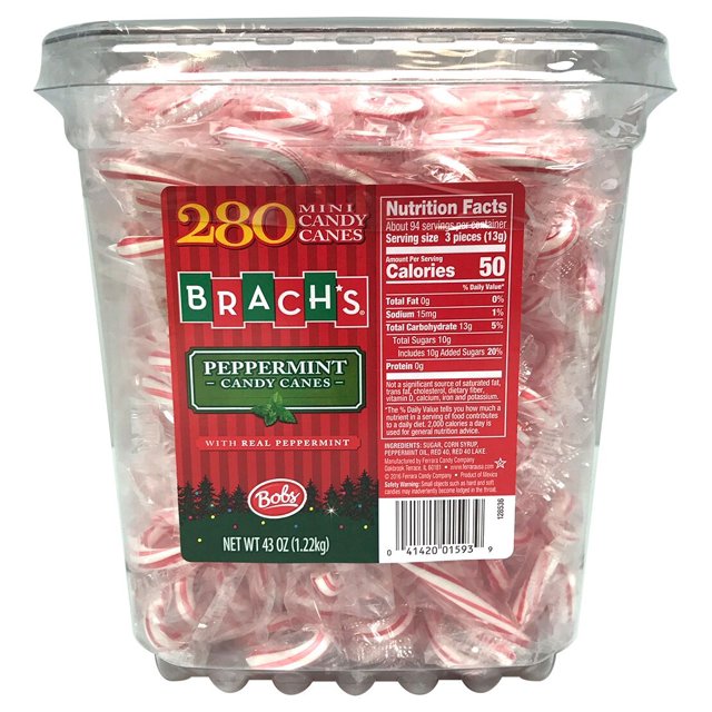 Brach's Bob's Mini Candy Canes Christmas Candy Tub, 43 Oz, 280 Ct