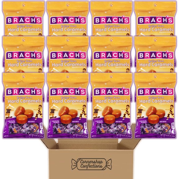 Brach's Caramels Butter Rum Flavor 12 Bag Bulk Pack - Formerly Nips - Individually Wrapped Classic Hard Candies Butter Rum Flavor - Lunch Box, Desk, Road Trip in Cornershop Pack - Packaging May Vary