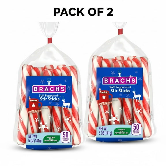Brach's Holiday Soft Peppermint Stir Sticks Bag, Hot Chocolate Stir Sticks, 5oz,2 PACK