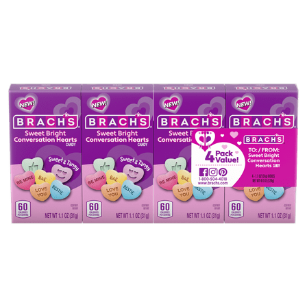 Brach's Valentines Day Candy Sweet Bright Conversation Hearts, Hard Candy, 1.1 oz Box, 4 Count