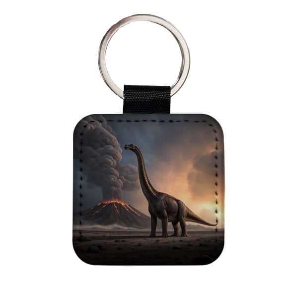 Brachiosaurus Volcano Stark Dinosaur Faux Leather Square Keychain