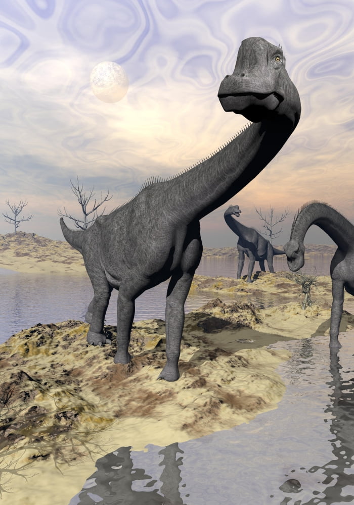 Brachiosaurus dinosaurs near water with reflection by sunset and full moon Canvas Art - Elena DuvernayStocktrek Images (12 x 17)