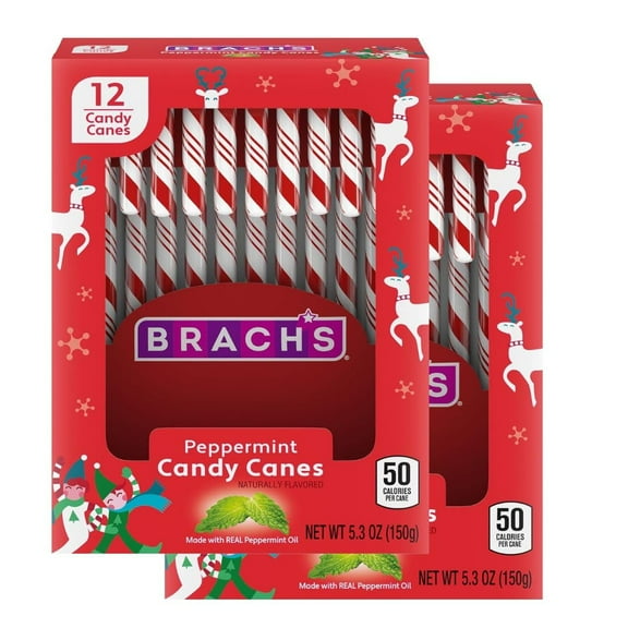 Brachs Bobs Red & White Peppermint Candy Canes, Naturally Flavored Christmas Candy, Stocking Stuffers For Kids, Holiday Classic, 5.3 Oz, 12 Count - Pack Of 2
