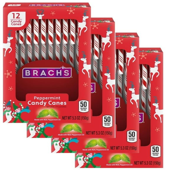 Brachs Bobs Red & White Peppermint Candy Canes, Naturally Flavored Christmas Candy, Stocking Stuffers For Kids, Holiday Classic, 5.3 Oz, 12 Count - Pack Of 4