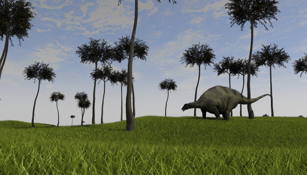Brachytrachelopan walking across a grassy field Canvas Art - Kostyantyn IvanyshenStocktrek Images (19 x 11)
