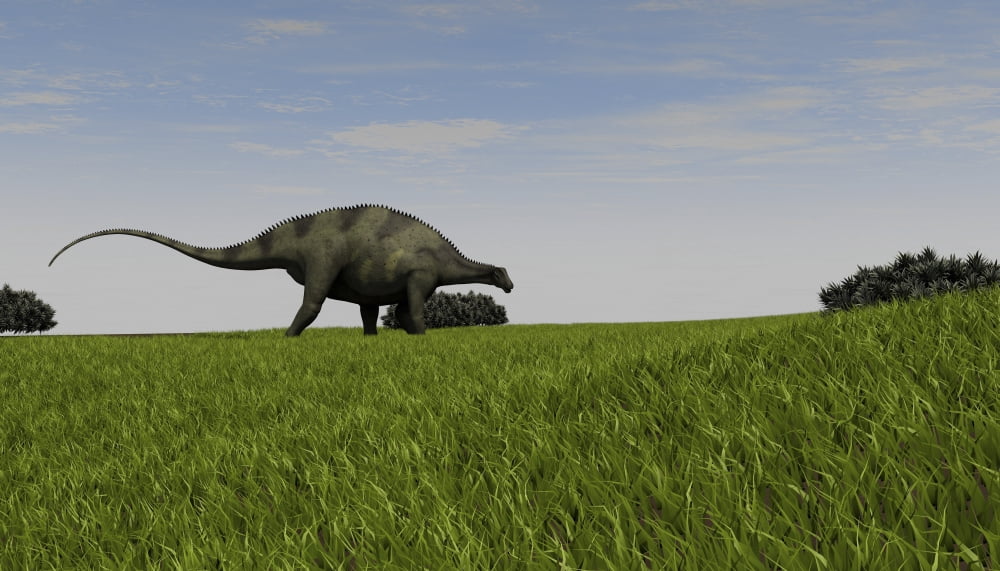Brachytrachelopan walking across prehistoric grasslands Canvas Art - Kostyantyn IvanyshenStocktrek Images (19 x 11)