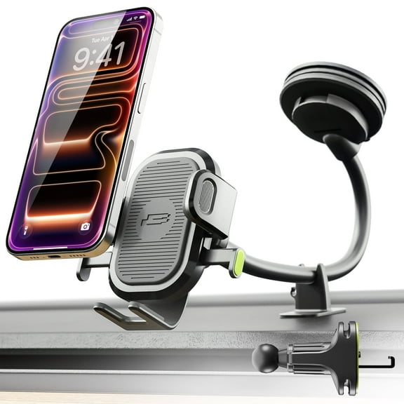Bracketron OneClick 3-in-1 Car Phone Mount for Dashboard, Windshield & Vent with 7 Flexible Gooseneck, One-Handed Click Grip, 360 Rotation, TemperBond Suction