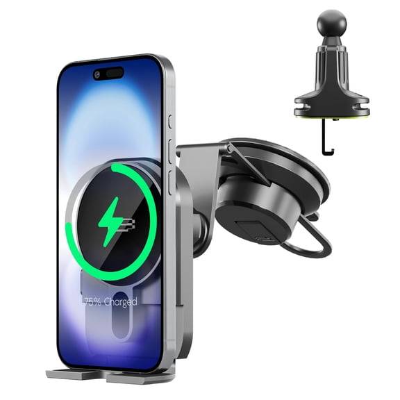 Bracketron PwrUp MagAlign Wireless Car Charger Mount 15W MagSafe Dash, Window & Vent Magnetic Phone Holder with TemperBond Suction, QC 3.0 Car Charger, USB-C Cable