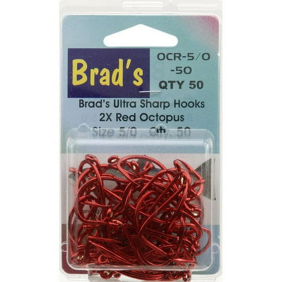 Brad's Killer Size 5/0 Octopus Hooks, Red, 50-Pack