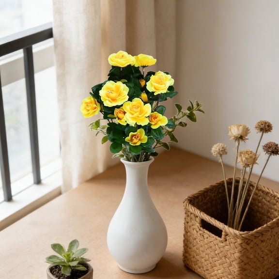 Bradem 34cm High Simulation Artificial Plastic Azalea Bouquet Branch 7 Fork 21 Head Yellow, Wedding Centerpiece, Lifelike Plant, Table Vase Filler, Office Decoration, Plastic Plant, Realistic Look