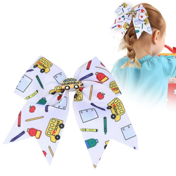 Bradem Bows Hair Clips - Large Cheer Bow Ponytail Holder with Vibrant School Bus Design, Sturdy Barrettes for Secure Hold, Fun Seasonal Hair Accessories for Women & Cheerleaders Days & Celebrations