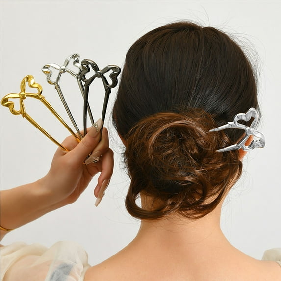 Bradem French Bow Hair Pins - U Shaped, Black/Silver/Gold Metal, 2 Long Prongs, Large Hairpins for Long Thick Hair, Chignon/Bun Updos