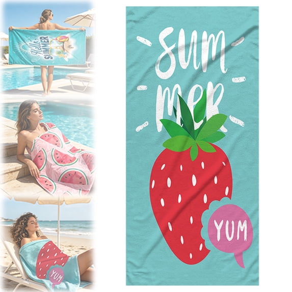 Bradem Summer Oversized Cotton Beach Towel, 60x28 In, (Strawberry) Cute Cartoon Print Beach Blanket, Extra Large Microfiber Quick-Drying Pool Towel, Summer Gifts for Women