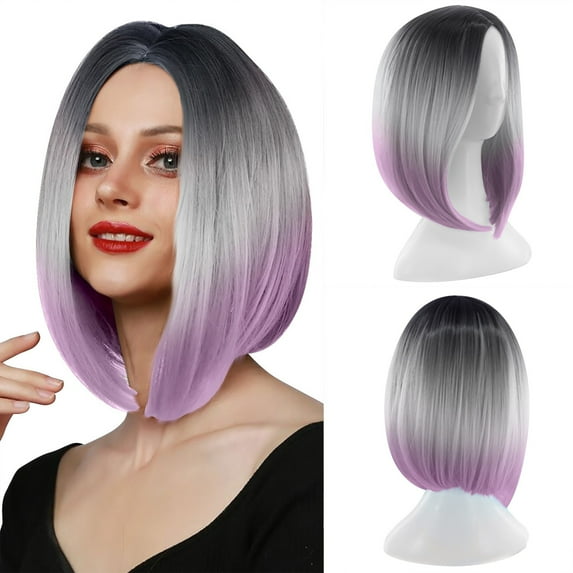 Bradem Wig Female Gradient Short Straight Wig with Highlights - Realistic Wig, Flat Bangs, Synthetic Colorful Design for Daily &