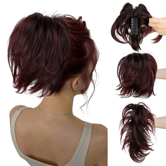 Bradem Women's Short Clip-in Ponytail Extensions - Wine Red with Black Root, Bendable Metal Messy Bun, Straight Synthetic Hairpiece