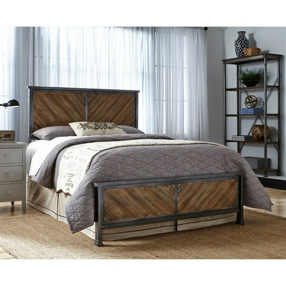 Braden Complete Metal Bed and Steel Support Frame with Rustic Reclaimed Faux Wood in Diagonal Pattern Frame, Rustic Tobacco Finish, King