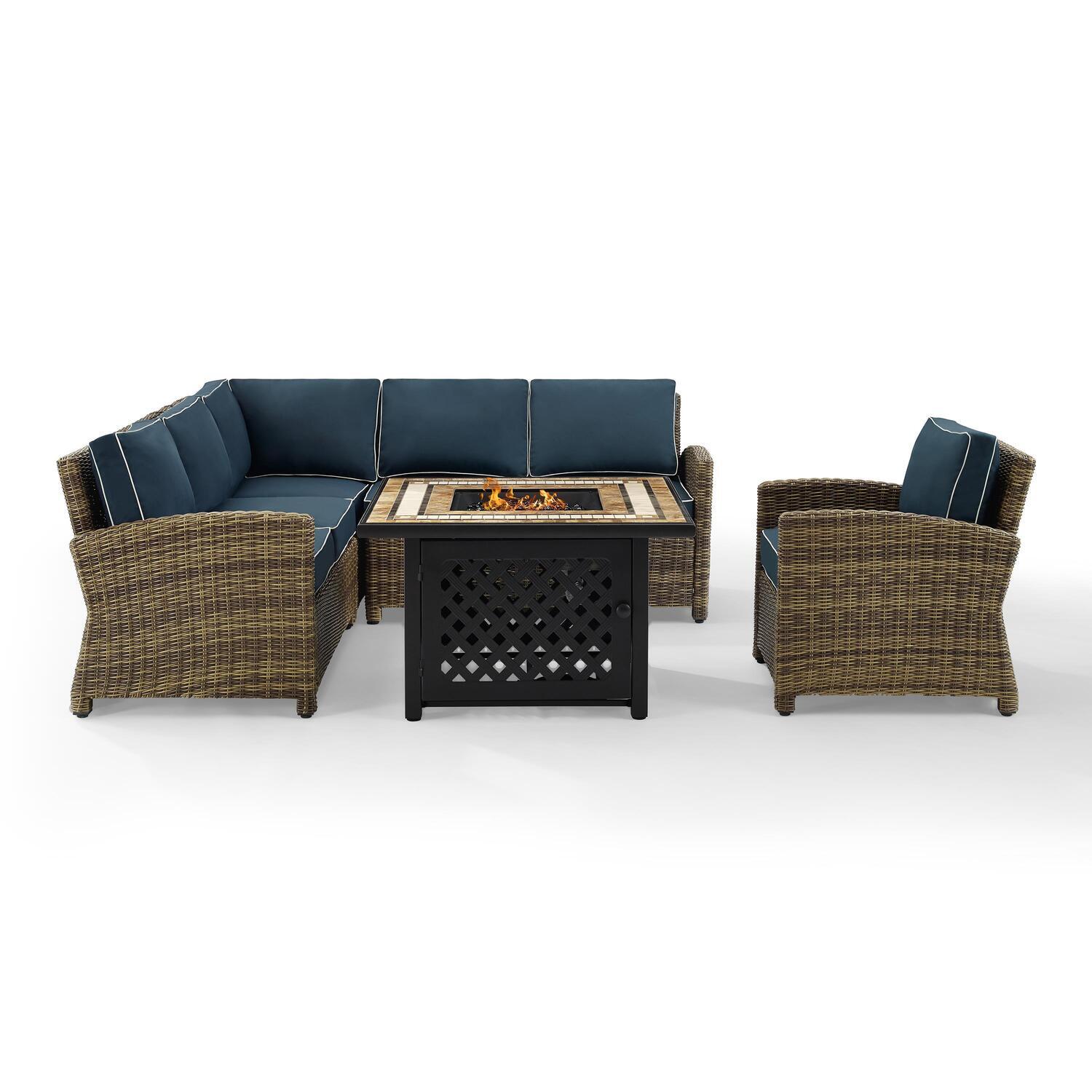 Bradenton 5Pc Outdoor Wicker Sectional Set W/Fire Table Weathered Brown/Navy - Right Corner Loveseat, Left Corner Loveseat, Corner Chair, Armchair, & Tucson Fire Table - image 1 of 9