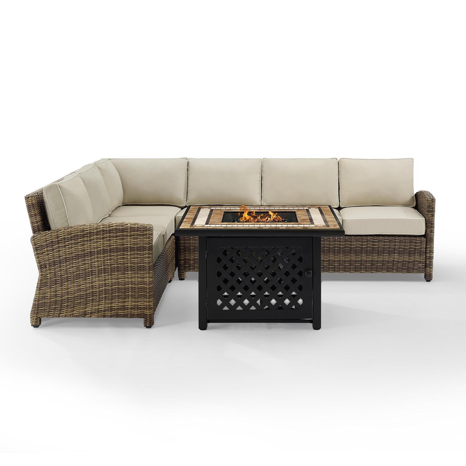 Bradenton 5Pc Outdoor Wicker Sectional Set W/Fire Table Weathered Brown/Sand - Right Corner Loveseat, Left Corner Loveseat, Corner Chair, Center Chair, & Tucson Fire Table - image 1 of 9