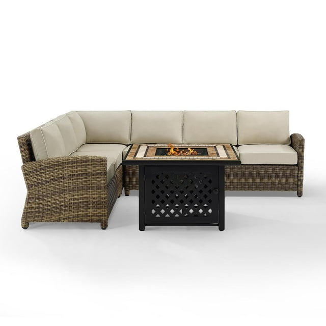 Bradenton 5Pc Outdoor Wicker Sectional Set W/Fire Table Weathered Brown/Sand - Right Corner Loveseat, Left Corner Loveseat, Corner Chair, Center Chair, & Tucson Fire Table