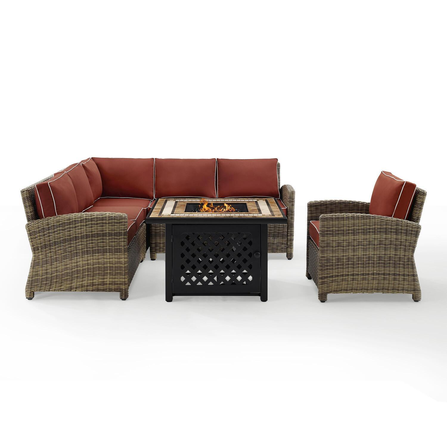 Bradenton 5Pc Outdoor Wicker Sectional Set W/Fire Table Weathered Brown/Sangria - Right Corner Loveseat, Left Corner Loveseat, Corner Chair, Armchair, & Tucson Fire Table - image 1 of 9