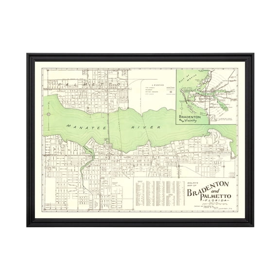 Bradenton Art, 1940 Vintage Map of Bradenton Florida, FL History Wall Decor Gift, Old Bradenton Map - 36" x 24" Black Framed Print