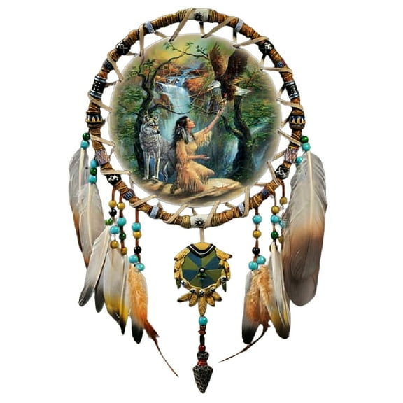 The Bradford Exchange Dreams Dreamcatcher Collection Issue #2 Sacred Visions Hand Stretched Leather Art and Sculpted Resin Frame with Feathers Beads Medallion and Arrowhead by Russ Docken 14-inches
