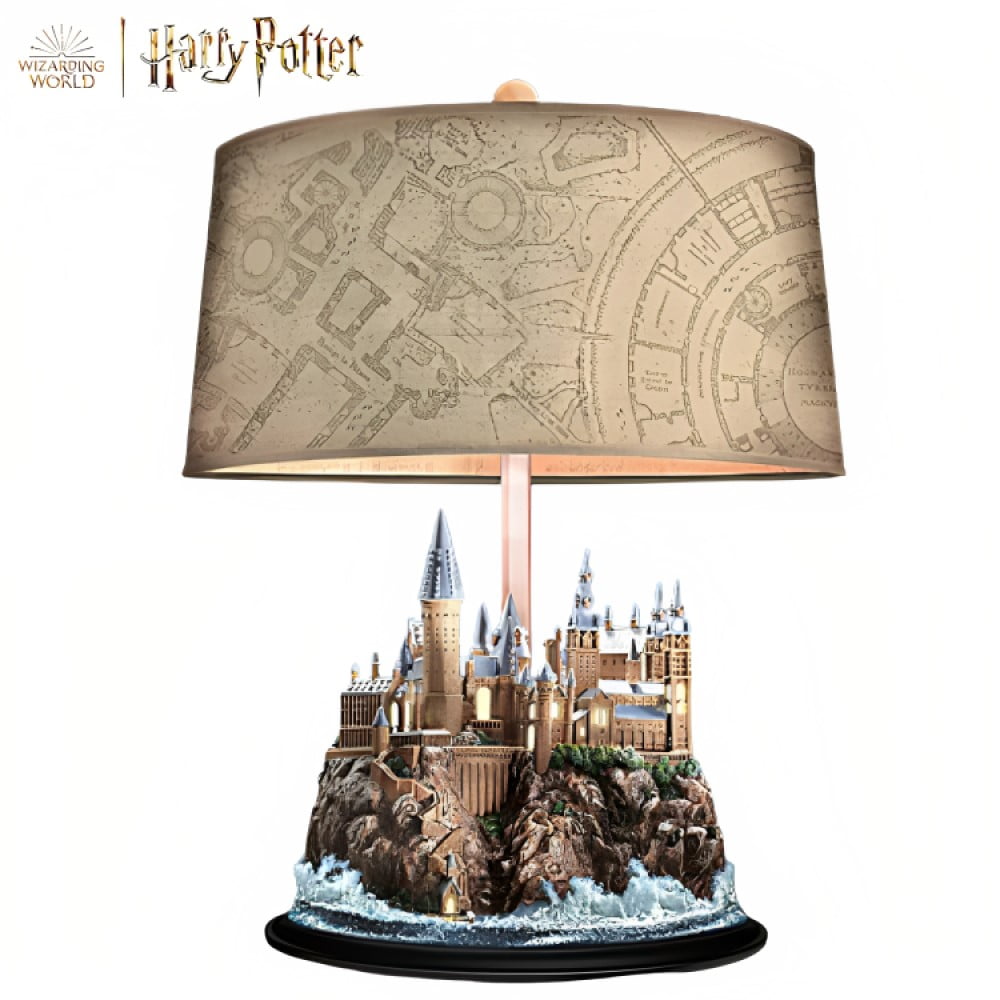 Handcrafted Mahogany Hogwarts Castle Lamp with Fabric Shade