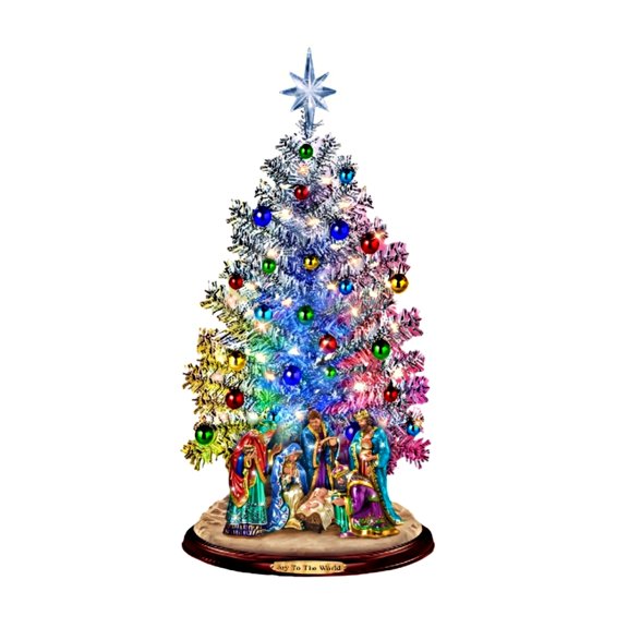 The Bradford Exchange Joy to the World Nativity Tabletop Christmas Tree with Lights & Music Pre-Lit Holiday Tree with Sculpted Nativity Scene Color-Changing Base USB Powered Christmas Decor 16-inches