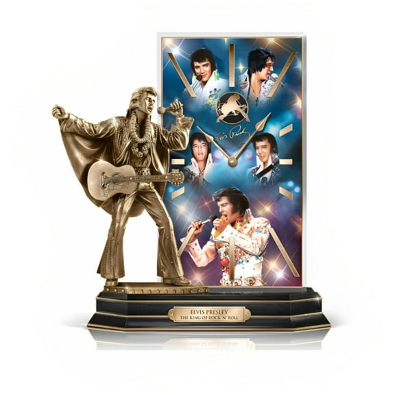 The Bradford Exchange The King of Rock 'n' Roll The Legend of Elvis Illuminating Desk Clock with Sculpted Aloha Tribute + LED Backlight by Nate Giorgio 9.5-Inches