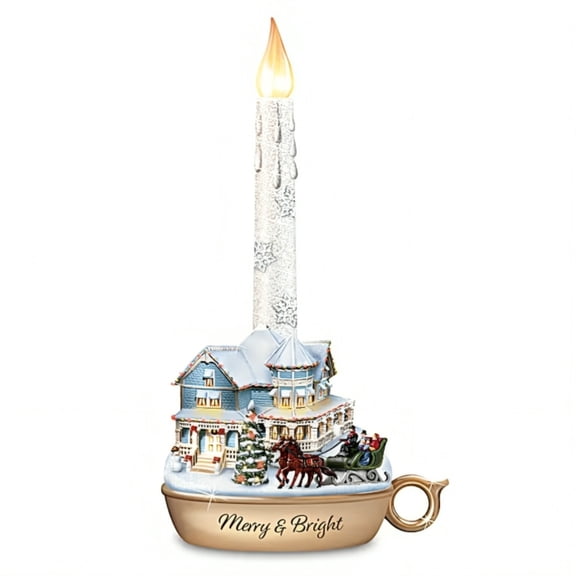 The Bradford Exchange Lights of the Season Candle Collection Issue #1 Merry and Bright Holiday Flameless Candles with Heartwarming Sculptures Hand-painted Christmas Decor by Thomas Kinkade 9-inches