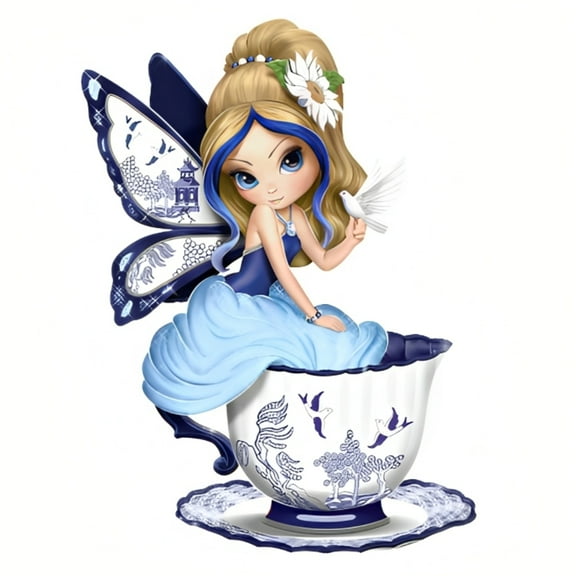 The Bradford Exchange Perfect Romance Blue Willow Romance Teacup Fairy Figurine Collection Handcrafted with Cobalt Blue and White Pattern Details Issue #1 by Jasmine Becket-Griffith 5-inches
