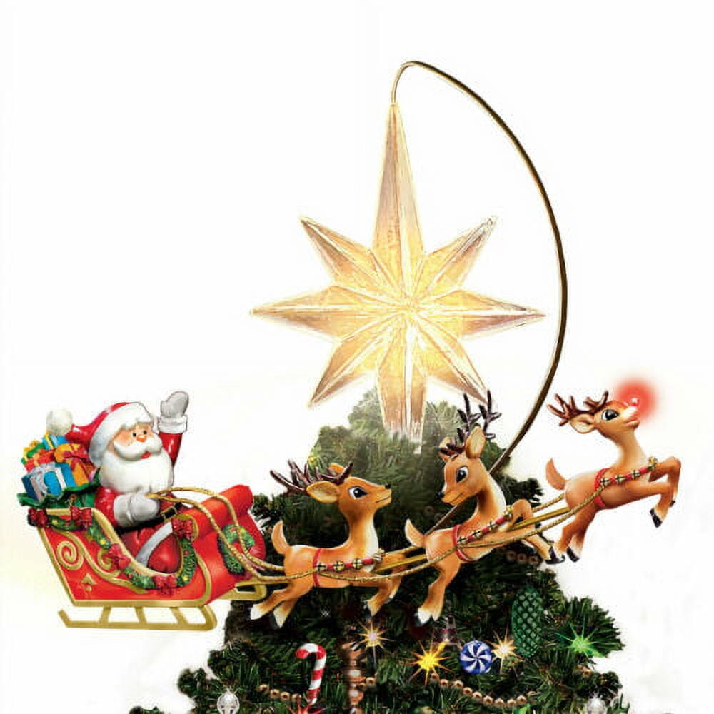 The Bradford Exchange Rudolph the Rednose Reindeer Christmas Tree Topper Rotates and Lights Up Santa and Sleigh Led by Rudolph and His Illuminated Nose with Glowing Star Holiday Decor 8.5"-inches
