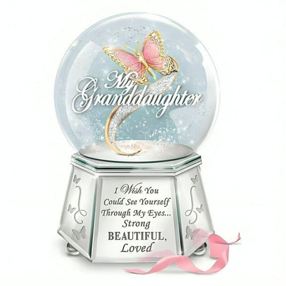 The Bradford Exchange See Yourself Through Granddaughter Mirrored Musical Butterfly Glitter Globe Shimmers Silvery & Hexagonal Base Meaningful Gift 6-inches