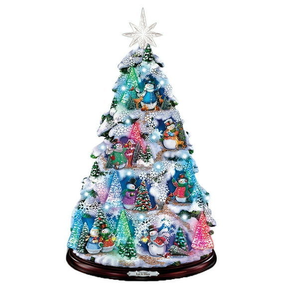 The Bradford Exchange Thomas Kinkade Let It Glow Tabletop Christmas Tree Features 10 Snowman Sculptures and Color Changing LED Lights Plays 8 Christmas Carol Melodies Includes 24hr Timer 12"-Inches
