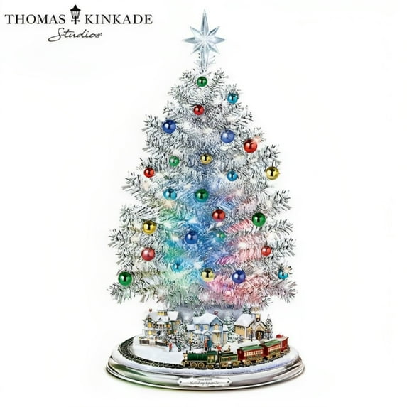 The Bradford Exchange Thomas Kinkade Silver Blessings Christmas Tree Handcrafted Tabletop Decor Color Changing Lights 30 Ornaments And a Holiday Village Encircled By Moving Train Plays 8 Carols 17"-in